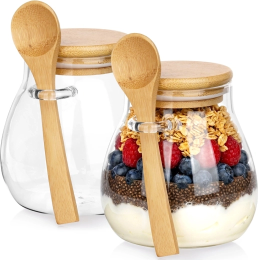 Glasbægre til yoghurt og desserter med bambuslåg og ske, 440 ml, 2 stk.