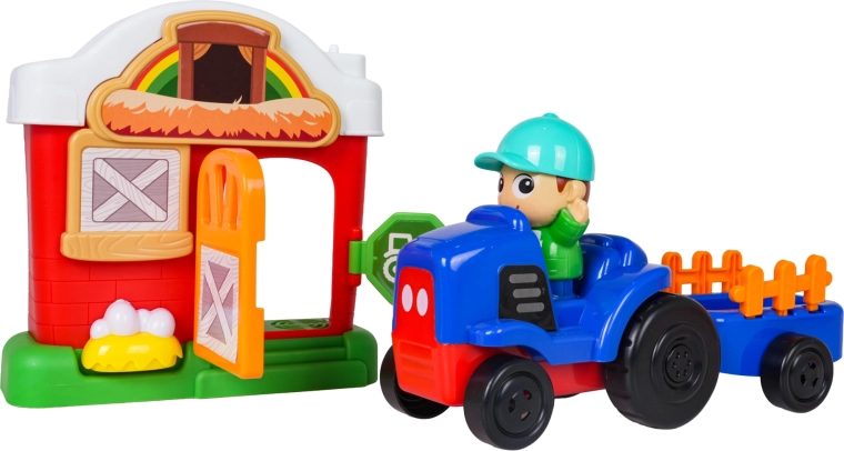 Traktor med trailer og stald der kan åbnes