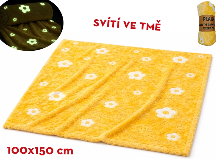 Selvlysende plysstæppe med blomstermotiv 100 × 150 cm gul