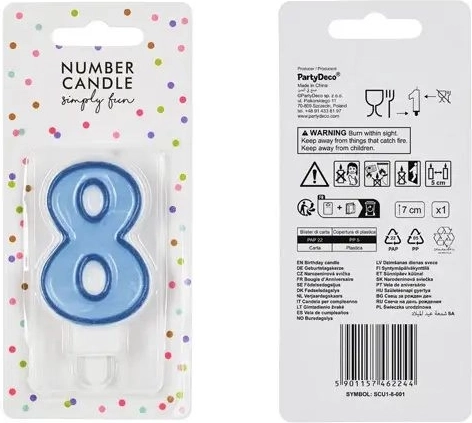 Blåt fødselsdagslys med tallet 8, 7 cm