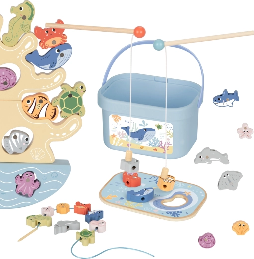 TOOKY TOY Trælegesæt med havtema til fiskeri og balanceleg, 23 dele