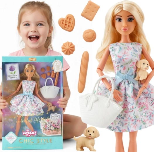 Woopie Royal dukken Lily 30 cm i forårskjole med picnic-tilbehør og en lille hund