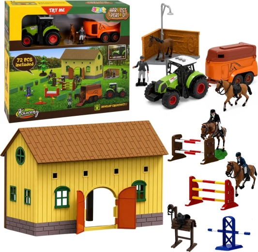 Hestestald med traktor, trailer og forhindringsbane – 72 dele med LED