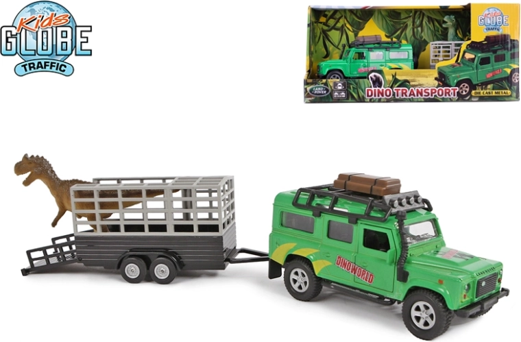 Kids Globe Traffic terrængående bil LAND ROVER med trailer og dinosaur 28 cm, metal, pull-back