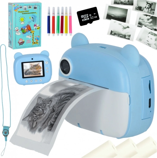 Børne‑instantkamera med termoprinter blå bamse 32 GB