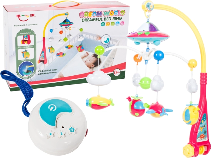 Karrusel til tremmeseng med fjernbetjening og UFO-projektor