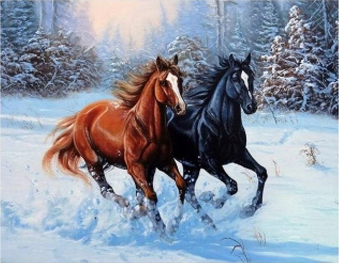 Mal efter tal – heste, der galopperer i sneen 40 × 50 cm