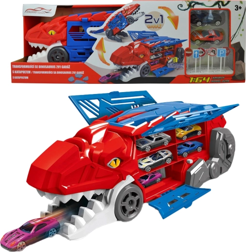 Transformerende dinosaur 2-i-1 med garage og katapult