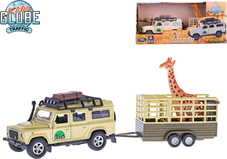 Metal terrængående bil med trailer og giraf 14 cm – LAND ROVER DEFENDER med pull-back
