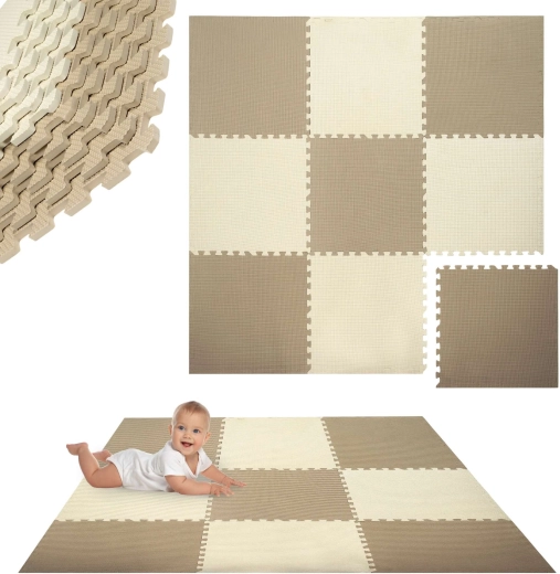 HUMBI skummåtte 180 × 180 cm – vandafvisende puslespil i EVA-skum, creme og beige, 9 dele