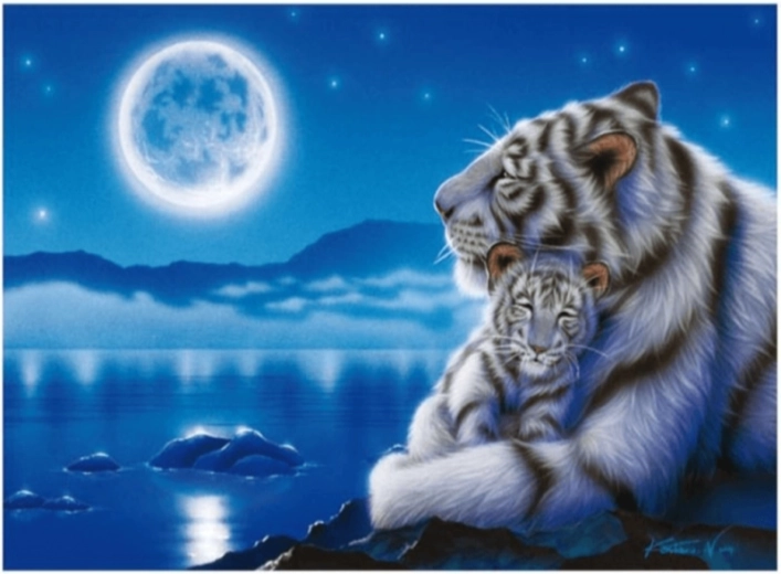 Diamantmaling – hvide tigre i måneskin 40 × 30 cm