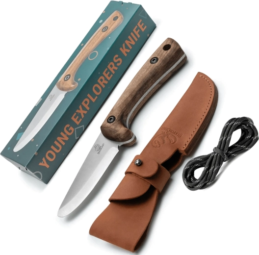 Børne-bushcraftkniv med blåneret klinge af kulstofstål og læderetui