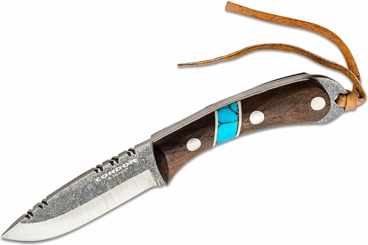 Hængende halskniv CONDOR Blue River 5,9 cm, valnøddetræ, turkis, læderskede
