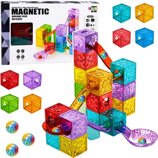 Magnetiske byggeklodser – kuglebane, farvede gennemsigtige klodser (28 dele)