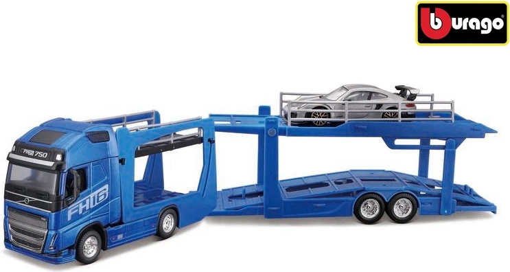 Bburago Street Fire-lastbil med sættevogn Volvo FH16 og Porsche 911 GT2 RS i målestoksforholdet 1:43