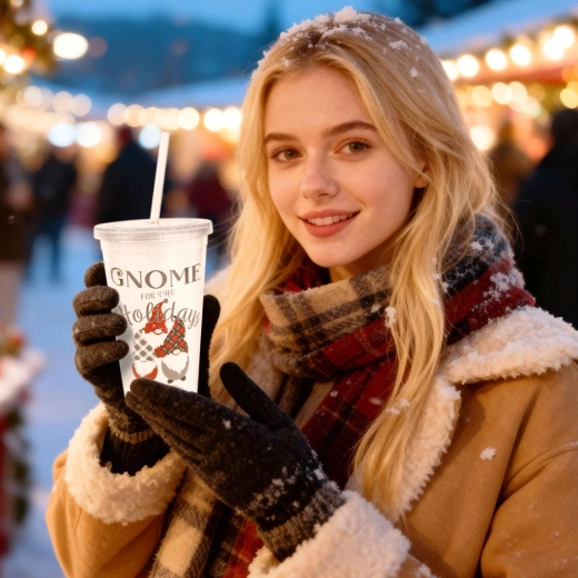 Juleplastikkrus med sugerør og låg 473 ml