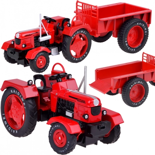 metalrød traktor med trailer 1:18 med gummihjul