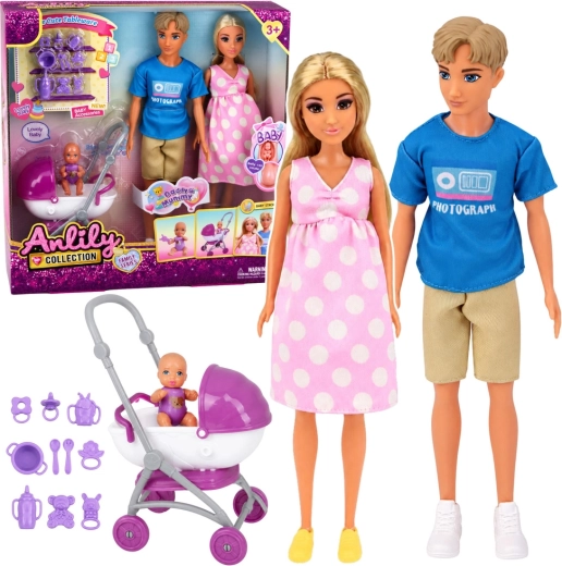 Anlily Collection familiesæt med dukker med baby, barnevogn og tilbehør