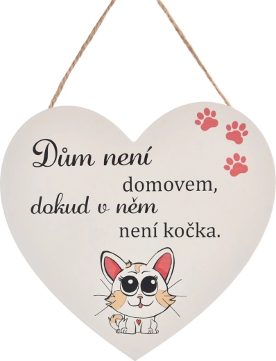 Dekorativt træskilt i hjerteform med teksten „CAT HOME“