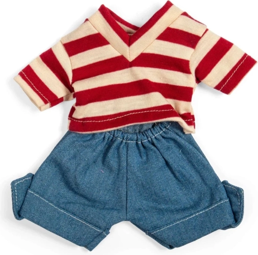 Bigjigs Toys denimshorts og rød-hvid stribet T-shirt til dukke 28 cm