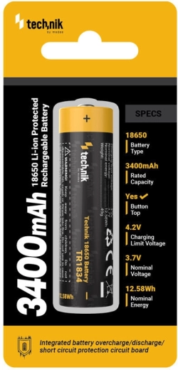 Genopladeligt Li-Ion-batteri 18650 3400 mAh 3,7 V med beskyttelse Technik
