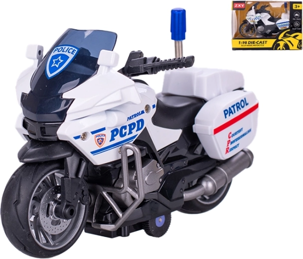 Politimotorcykel i metal 1:14 med friktionsmotor (pull-back)