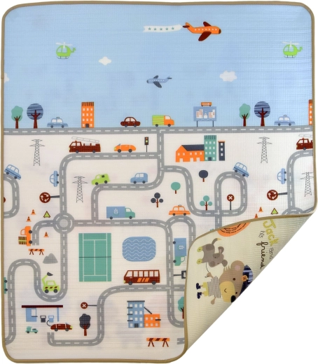 Humbi dobbeltsidet pædagogisk skummåtte med gader og dyr 180 × 200 × 0,5 cm
