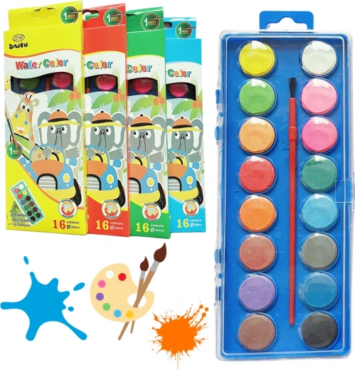 Skolevandfarver 16 farver med pensel