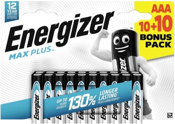 Energizer Max Plus alkaliske batterier AAA 20 stk. (10+10)