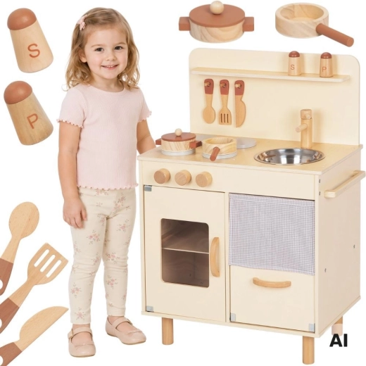 Træbørnekøkken beige med tilbehør TOOKY TOY