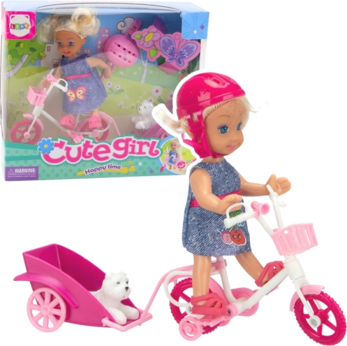 Sæt med mini-dukke, cykel, anhænger og hvid hund