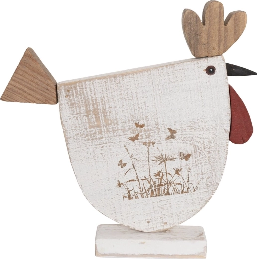 Dekoration i form af høne i træ med blomstermotiv, beige 27 × 5 × 27 cm