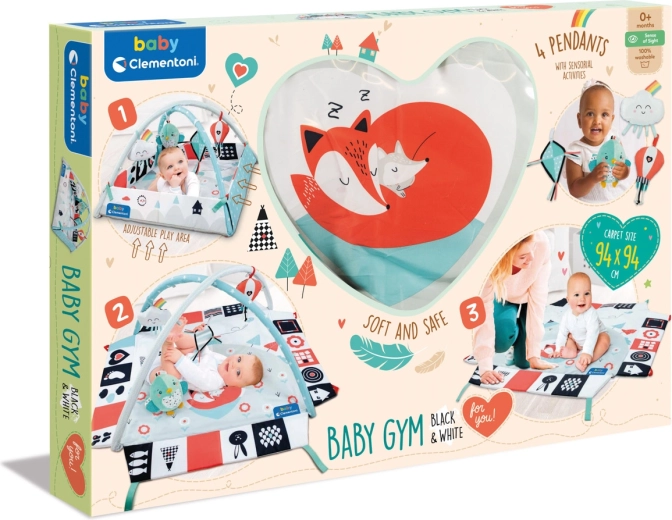 Clemmy baby babylegetæppe med aktivitetsbøjle i sort-hvid