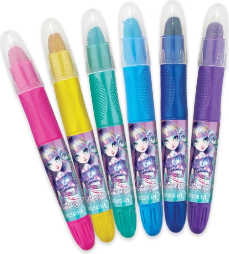 Seks farvede glitrende penne
