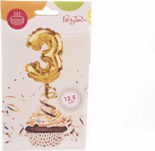 Folieballon nummer 3 med kagemotiv, guld, 12,5 cm