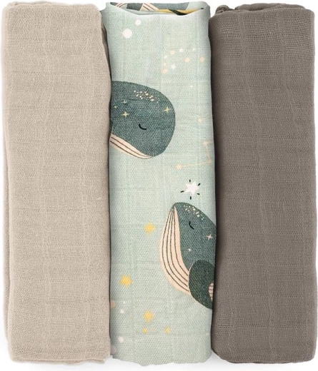 Petite&Mars bambus-muslinbleer Moussy Whale Song 68 × 68 cm, 3 stk.