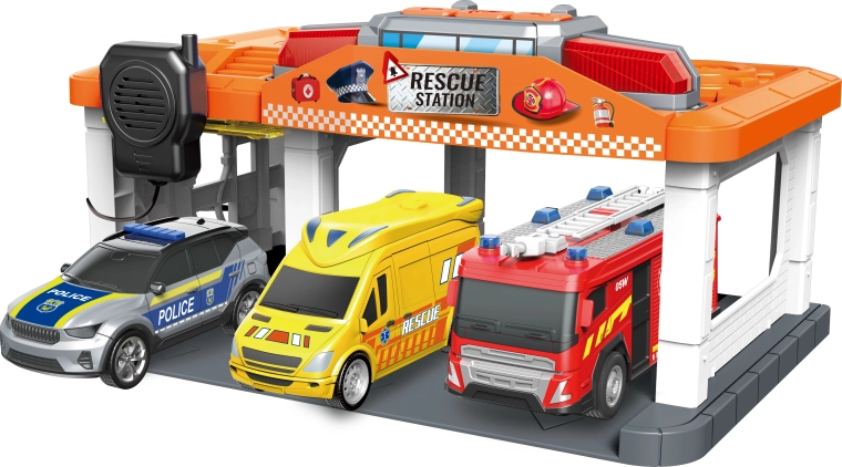 Redningsstation med brandfolk, politi og ambulance med lys og lyd