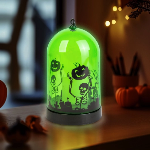 Grøn Halloween-LED-lanterne med skeletmønster