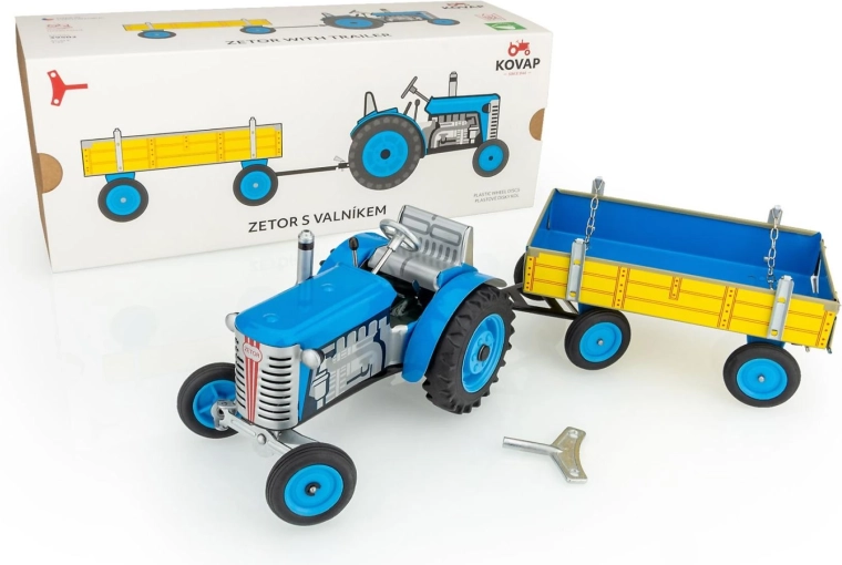 Traktor Zetor med ladvogn på optræk, metal 28 cm KOVAP – Blå