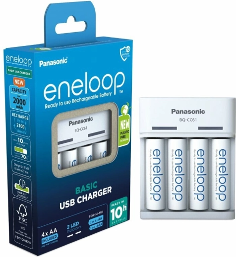 Panasonic Eneloop EKO USB-oplader BQ-CC61 + AA genopladelige batterier 2000 mAh (4 stk.)
