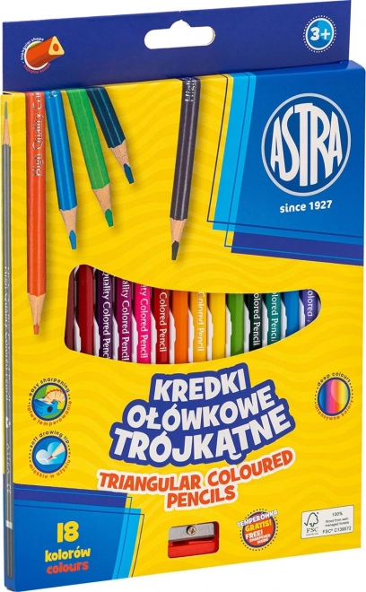 Astra trekantede farveblyanter 18 stk med spidser