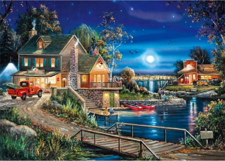 Diamantmaling (diamond painting) Gospodarstwo nocą 40 × 30 cm