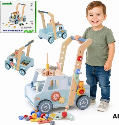 Trækvogn i træ med værksted TOOKY TOY