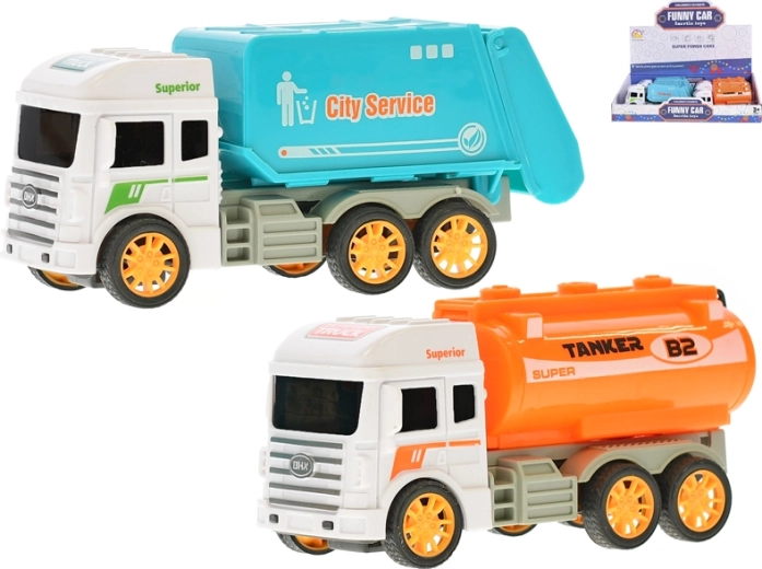 Sæt med plastbiler med friktionsmotor – tankvogne og skraldebiler, 8 stk.
