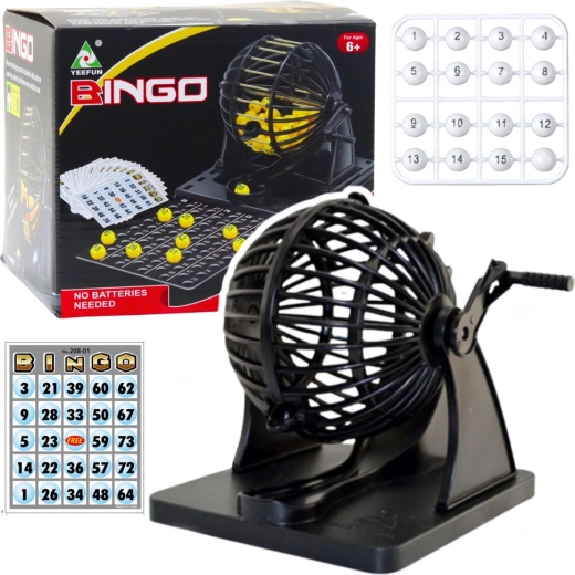 Familiespil bingo med trækningsmaskine, 80 kugler og 20 kort