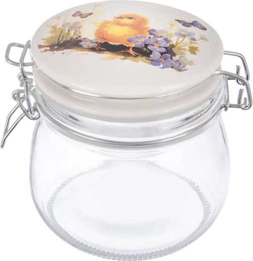 Glasbeholder med kliplukning og keramisk låg forårskylling 0,5 l