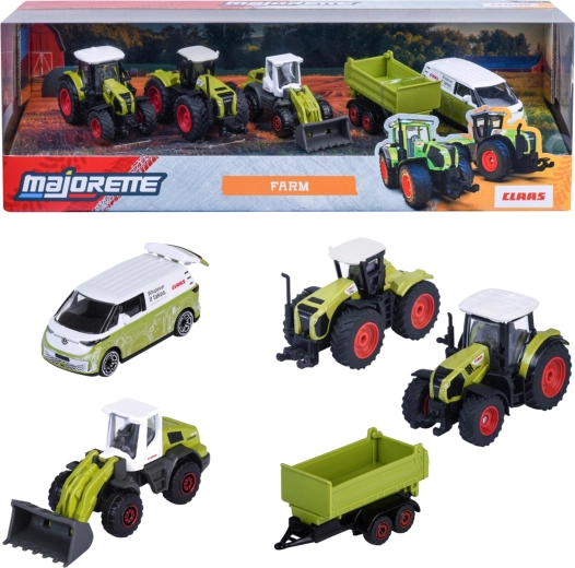 Majorette Claas Farm sæt med 5 køretøjer – traktorer, anhænger og Volkswagen