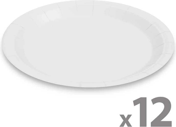 Sæt med hvide paptallerkener, 23 cm, 12 stk.