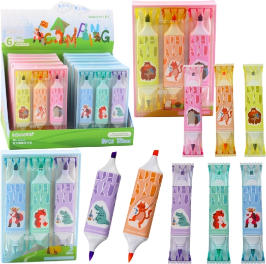 Sæt overstregningstuscher med dyremotiver, lyserød og blå, to spidser, 3 stk