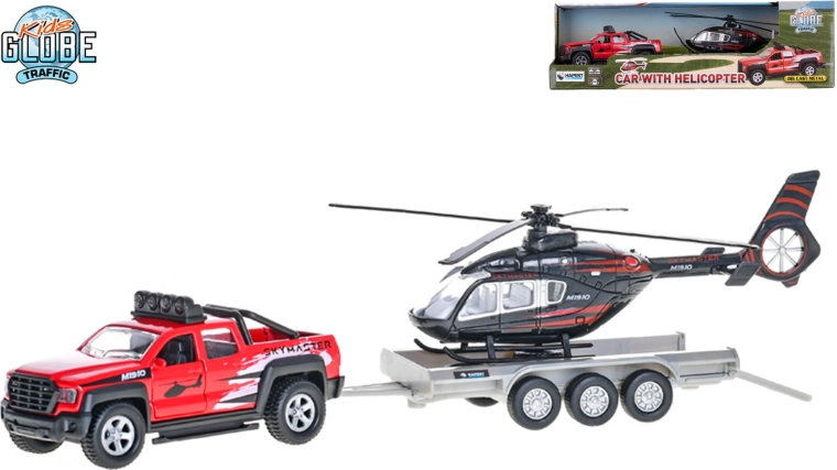 Kids Globe Traffic terrængående bil med trailer og helikopter med pull-back